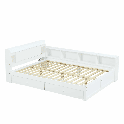 Cama de casal 140x200 - cabeceira com prateleira e 2 luzes, porta de carregamento, armários e gavetas laterais - Branco