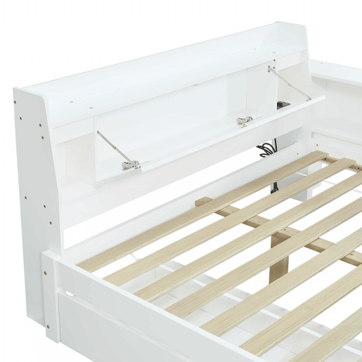 Cama de casal 140x200 - cabeceira com prateleira e 2 luzes, porta de carregamento, armários e gavetas laterais - Branco