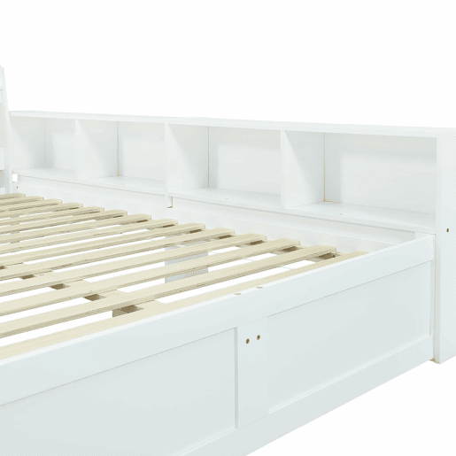 Cama de casal 140x200 - cabeceira com prateleira e 2 luzes, porta de carregamento, armários e gavetas laterais - Branco