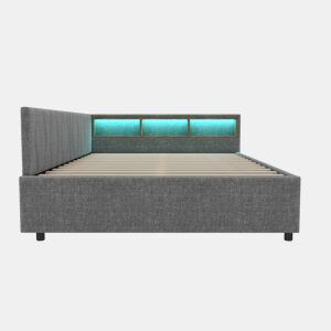 Cama de 140x200 cm - Cama convertível, armazenamento com 2 gavetas, luz LED ambiente, USB+Tipo C, com estrado - Cinza