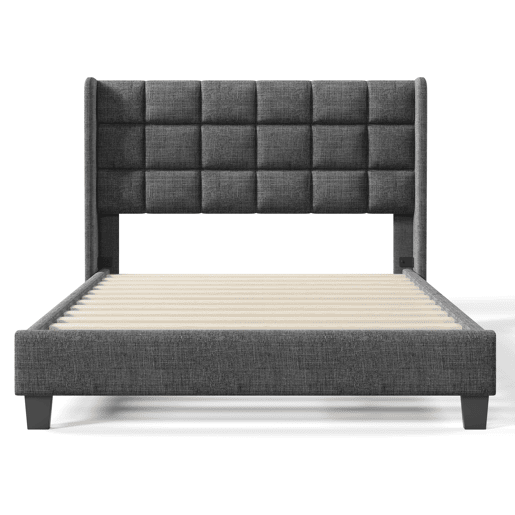 Cama estofada em tecido de linho - 140x200cm - com cabeceira e estrado de molas - Cinzento Cama estofada em tecido de linho - 140x200cm - com cabeceira e estrado de molas - Cinzento