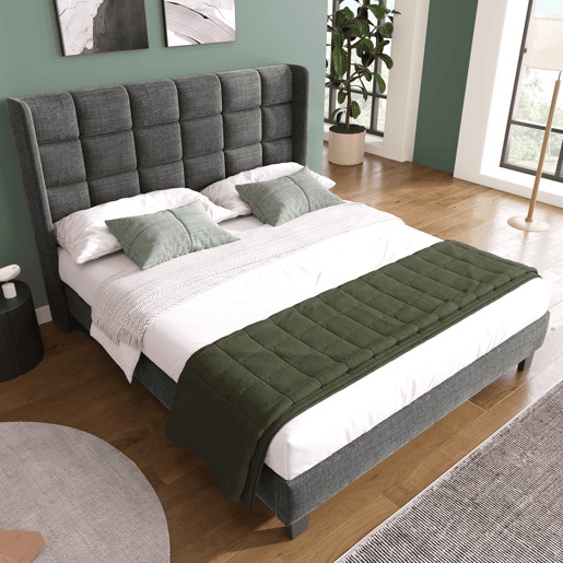 Cama estofada em tecido de linho - 140x200cm - com cabeceira e estrado de molas - Cinzento Cama estofada em tecido de linho - 140x200cm - com cabeceira e estrado de molas - Cinzento