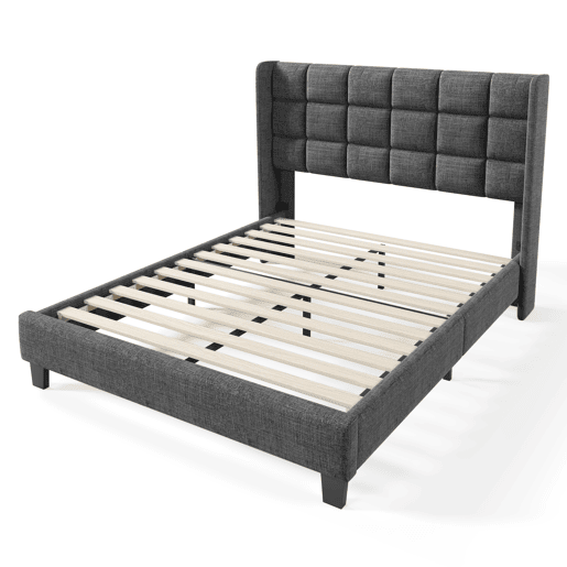 Cama estofada em tecido de linho - 140x200cm - com cabeceira e estrado de molas - Cinzento Cama estofada em tecido de linho - 140x200cm - com cabeceira e estrado de molas - Cinzento