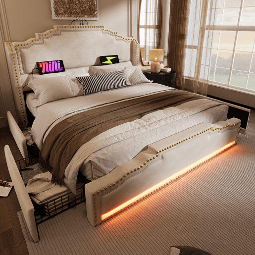 Cama de casal 160x200 - Cama com arrumação com 4 gavetas, iluminação LED e porta de carregamento USB-C, com estrado - Bege