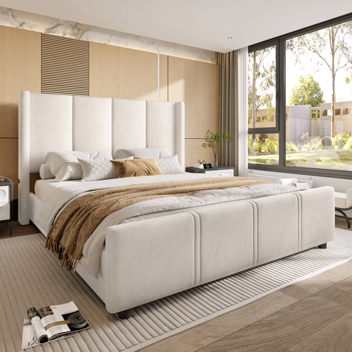 Cama estofada 160x200 cm - Cabeceira e pés altos, USB certificado, estrutura em ferro e madeira, bege