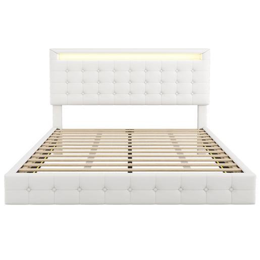 Cama para adultos 140x200cm - com LED e controlo remoto - em imitação de pele - Branco