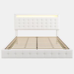 Cama para adultos 140x200cm - com LED e controlo remoto - em imitação de pele - Branco
