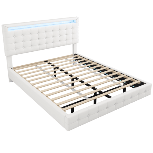 Cama para adultos 140x200cm - com LED e controlo remoto - em imitação de pele - Branco
