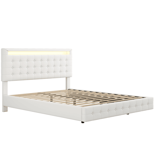 Cama para adultos 140x200cm - com LED e controlo remoto - em imitação de pele - Branco