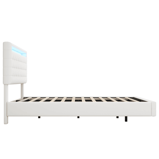 Cama para adultos 140x200cm - com LED e controlo remoto - em imitação de pele - Branco