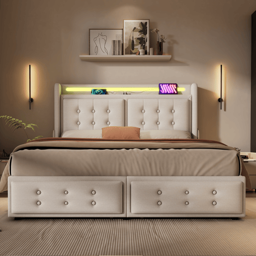 Cama estofada 140x200 cm - Cama de casal com cabeceira LED e função de carregamento USB C, 4 gavetas, estrado de madeira e estrutura metálica, capacidade 300 kg - Bege