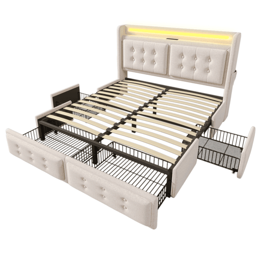Cama estofada 140x200 cm - Cama de casal com cabeceira LED e função de carregamento USB C, 4 gavetas, estrado de madeira e estrutura metálica, capacidade 300 kg - Bege