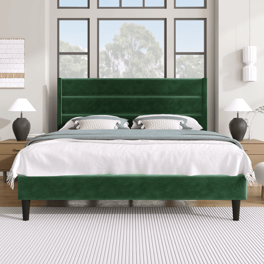 Cama estofada 140x200 cm - Com estrado e cabeceira, cama de casal acolchoada, veludo verde escuro