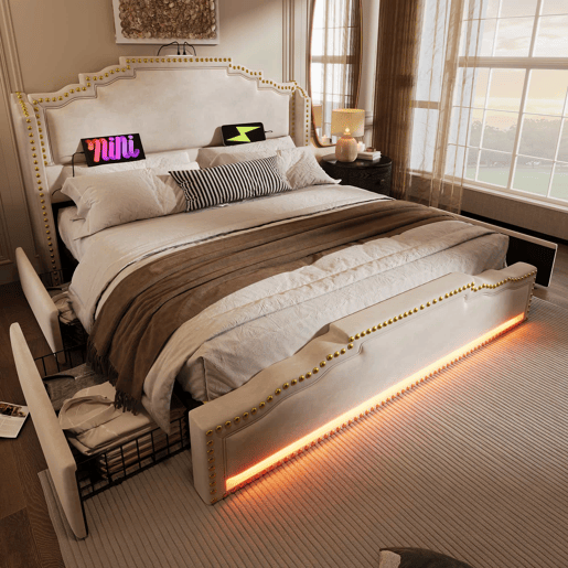 Cama estofada 180x200 - cama de casal com 4 gavetas, iluminação LED, porta USB-C, espaço de arrumação, base de ripas - bege