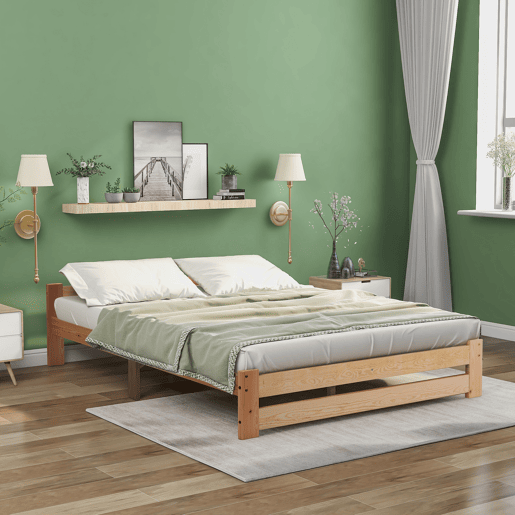Cama individual de madeira maciça 140x200cm com cabeceira e estrado de molas - Natural