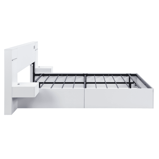 Cama de casal 160x200cm - com USB, relógio eletrónico, altifalante Bluetooth, luz LED, colchão integrado e 2 mesas de cabeceira - branco