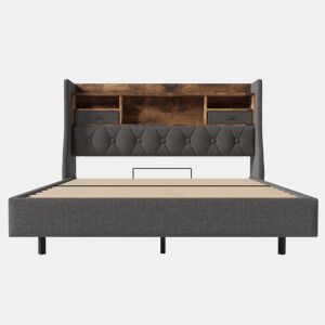 Cama Polsterbett 140x200 cm - Com LED, cabeceira com arrumação e estação de carregamento - Cinza