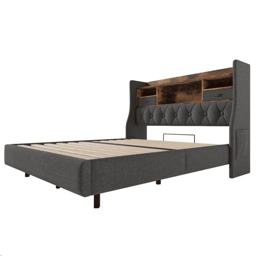 Cama Polsterbett 140x200 cm - Com LED, cabeceira com arrumação e estação de carregamento - Cinza
