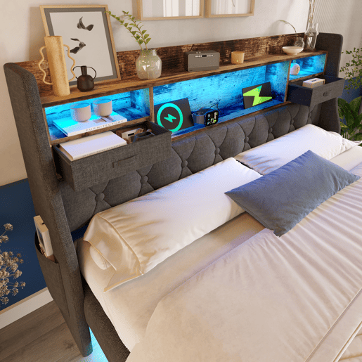 Cama Polsterbett 140x200 cm - Com LED, cabeceira com arrumação e estação de carregamento - Cinza