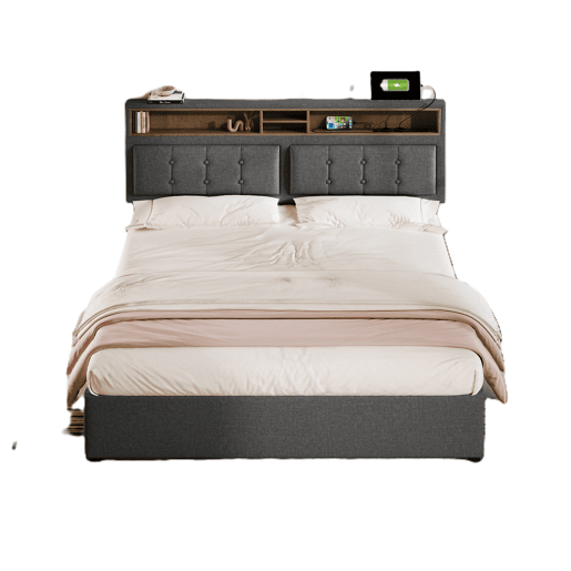Cama estofada 140x200 cm - com 4 gavetas, USB C, cabeceira ajustável, estrado de madeira - Cinza