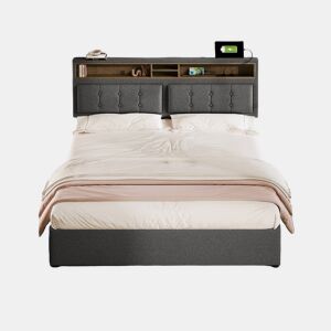 Cama estofada 140x200 cm - com 4 gavetas, USB C, cabeceira ajustável, estrado de madeira - Cinza