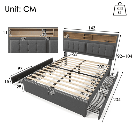 Cama estofada 140x200 cm - com 4 gavetas, USB C, cabeceira ajustável, estrado de madeira - Cinza