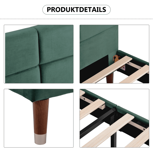 Cama Polsterbett 140x200cm - Com cabeceira, estrutura acolchoada, em veludo verde - Com colchão de molas