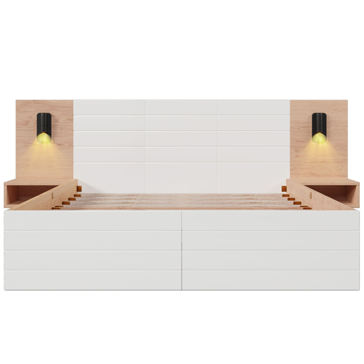 Cama doble 160x200 cm en madera - con 2 mesitas de noche y 2 cajones - 2 luces de lectura giratorias con toma usb - blanco y natural (colchón no
