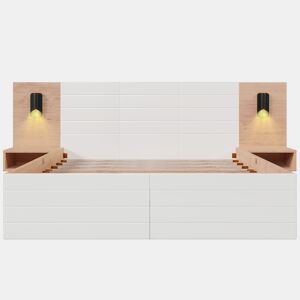 Cama de casal 160x200 cm em madeira - com 2 mesas de cabeceira e 2 gavetas - 2 luzes de leitura giratórias com tomada USB - Branco e Natural (colchão não incluído)