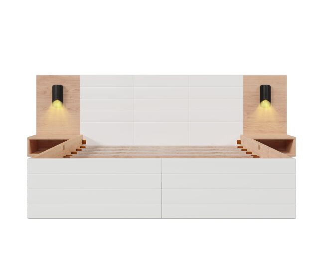 Cama doble 160x200 cm en madera - con 2 mesitas de noche y 2 cajones - 2 luces de lectura giratorias con toma usb - blanco y natural (colchón no