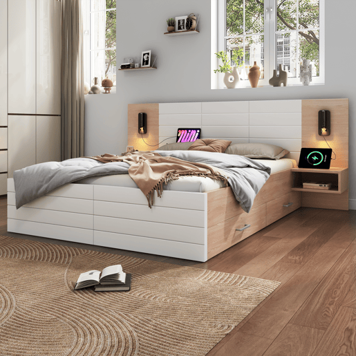 Cama de casal 160x200 cm em madeira - com 2 mesas de cabeceira e 2 gavetas - 2 luzes de leitura giratórias com tomada USB - Branco e Natural (colchão não incluído)