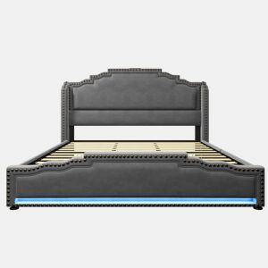 Cama estofada 180x200 - com 4 gavetas, iluminação LED, porta de carregamento USB-C, base de lâminas, espaço de arrumação - cinzenta