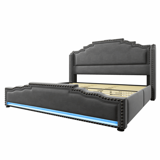 Cama estofada 180x200 - com 4 gavetas, iluminação LED, porta de carregamento USB-C, base de lâminas, espaço de arrumação - cinzenta