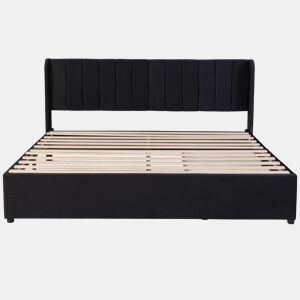 Cama estofada 180x200 cm - Com estrado, encosto e 2 gavetas - Preto