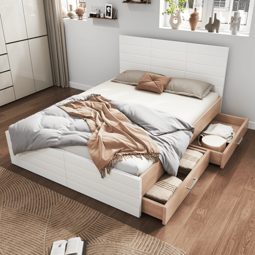 Cama de casal 140x200cm - Cama de madeira com 2 gavetas, estrutura com estrado, em EicheBranco (Com colchão)