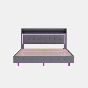 Cama estofada 160x200 cm - Com USB e luz LED, cabeceira reversível, design oculto, tecido de linho cinzento