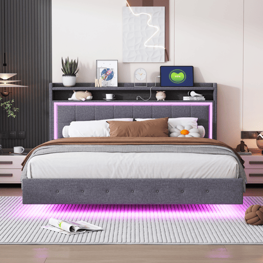 Cama estofada 160x200 cm - Com USB e luz LED, cabeceira reversível, design oculto, tecido de linho cinzento
