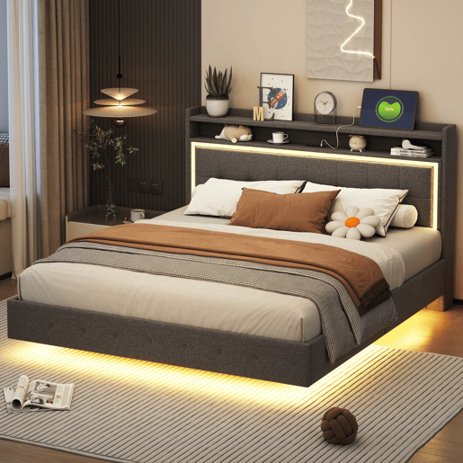 Cama estofada 160x200 cm - Com USB e luz LED, cabeceira reversível, design oculto, tecido de linho cinzento