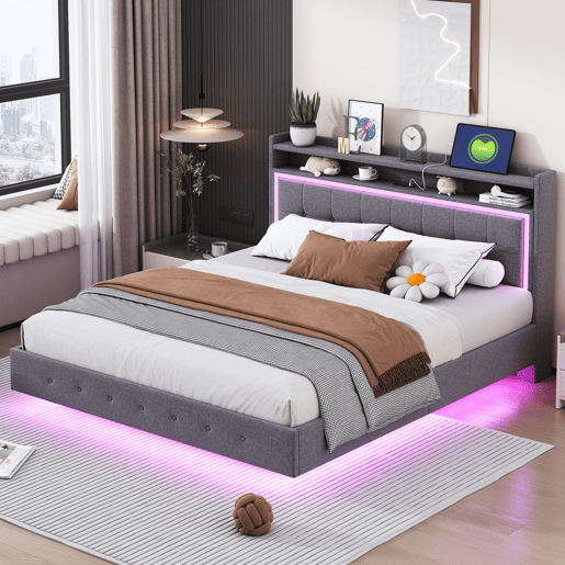 Cama estofada 160x200 cm - Com USB e luz LED, cabeceira reversível, design oculto, tecido de linho cinzento