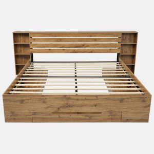 Cama de casal 160x200 - Cama de madeira maciça com arrumação, cabeceira com iluminação LED e USB C, com estrado de madeira, carvalho (com colchão)
