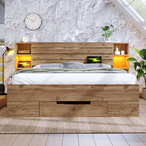 Cama de casal 160x200 - Cama de madeira maciça com arrumação, cabeceira com iluminação LED e USB C, com estrado de madeira, carvalho (com colchão)