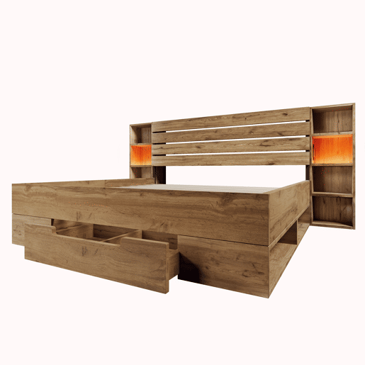 Cama de casal 160x200 - Cama de madeira maciça com arrumação, cabeceira com iluminação LED e USB C, com estrado de madeira, carvalho (com colchão)