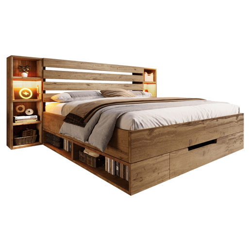 Cama de casal 160x200 - Cama de madeira maciça com arrumação, cabeceira com iluminação LED e USB C, com estrado de madeira, carvalho (com colchão)