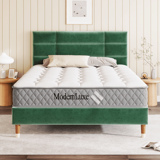 Cama estofada 140x200 cm - Com estrado e cabeceira - Tecido veludo verde escuro