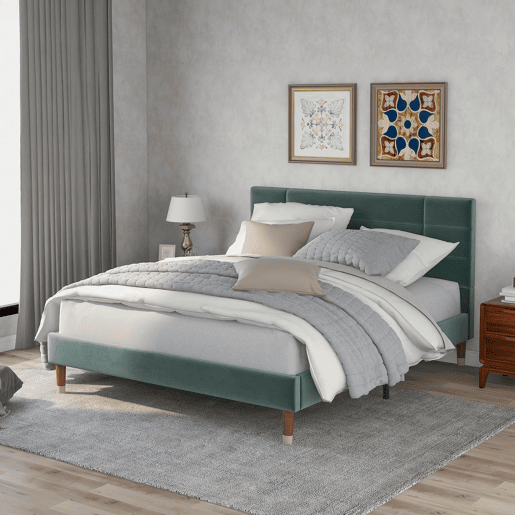 Cama estofada 140x200 cm - Com estrado e cabeceira - Tecido veludo verde escuro