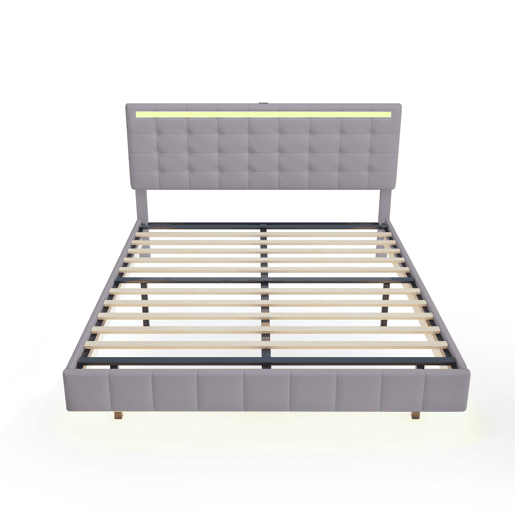 Cama para adultos 160x200 cm - cama flutuante com LED e 2 portas USB + estrado - tecido de linho - Cinzento