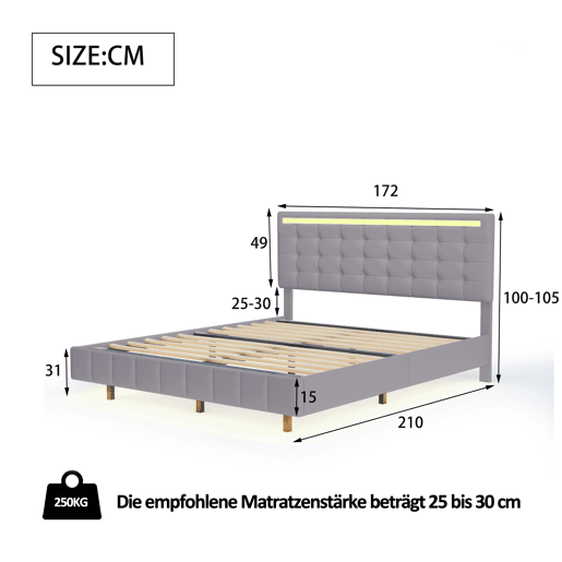 Cama para adultos 160x200 cm - cama flutuante com LED e 2 portas USB + estrado - tecido de linho - Cinzento