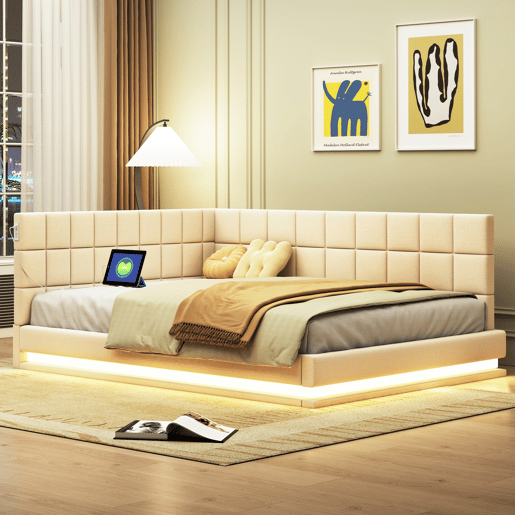 Sofá-cama estofado em veludo 140x200cm - com LED e tomada USB - Bege Sofá-cama estofado em veludo 140x200cm - com LED e tomada USB - Bege