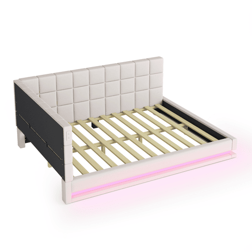 Sofá-cama estofado em veludo 140x200cm - com LED e tomada USB - Bege Sofá-cama estofado em veludo 140x200cm - com LED e tomada USB - Bege