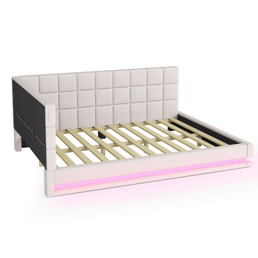 Sofá-cama estofado em veludo 140x200cm - com LED e tomada USB - Bege Sofá-cama estofado em veludo 140x200cm - com LED e tomada USB - Bege